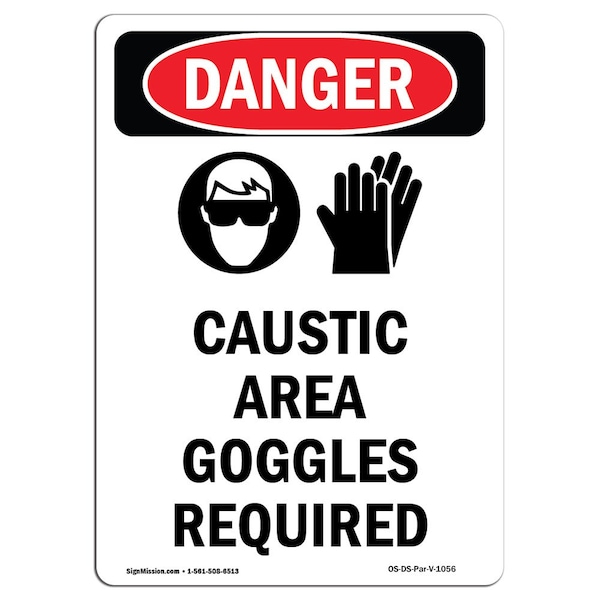 OSHA Sign, Caustic Area Goggles Required, 5in X 3.5in Decal, 10PK, 5" H, 3.5" W, Portrait, PK10